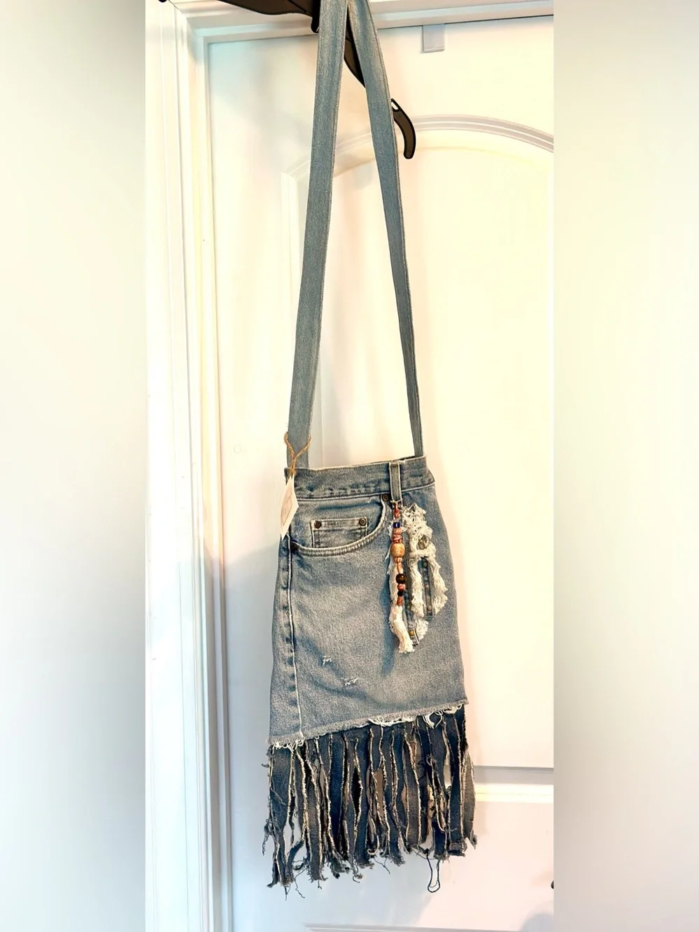 Unique BOHO Handmade Crossbody Upcycled Denim Fringed W/Beads Bag